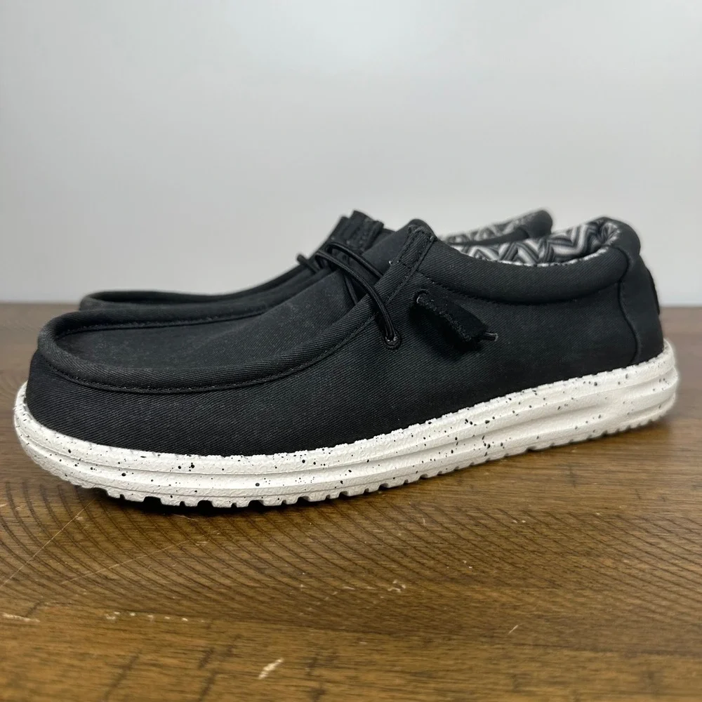 Hey Dude Shoes Mens 8 Black Wally Canvas Loafers Speckled Sole Casual Slip On